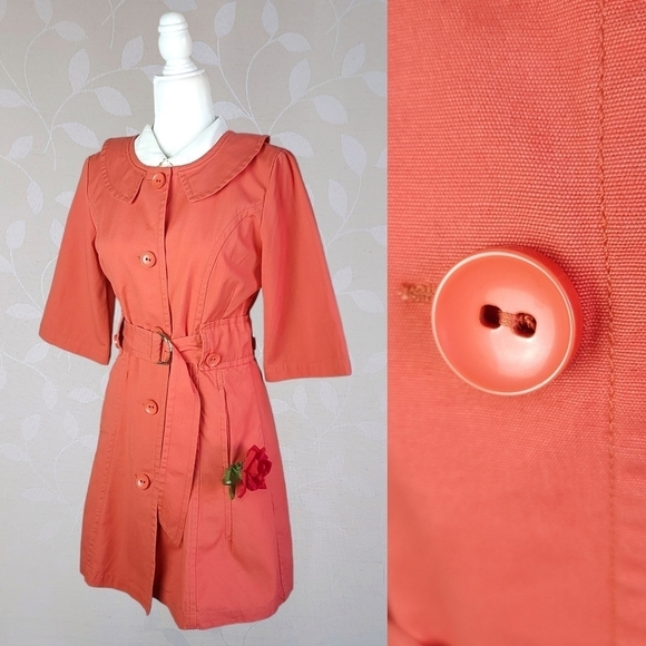 Tulle Retro Mod Peter Pan Collar Lightweight Cotton Canvas Long Jacket Coral - Picture 1 of 16